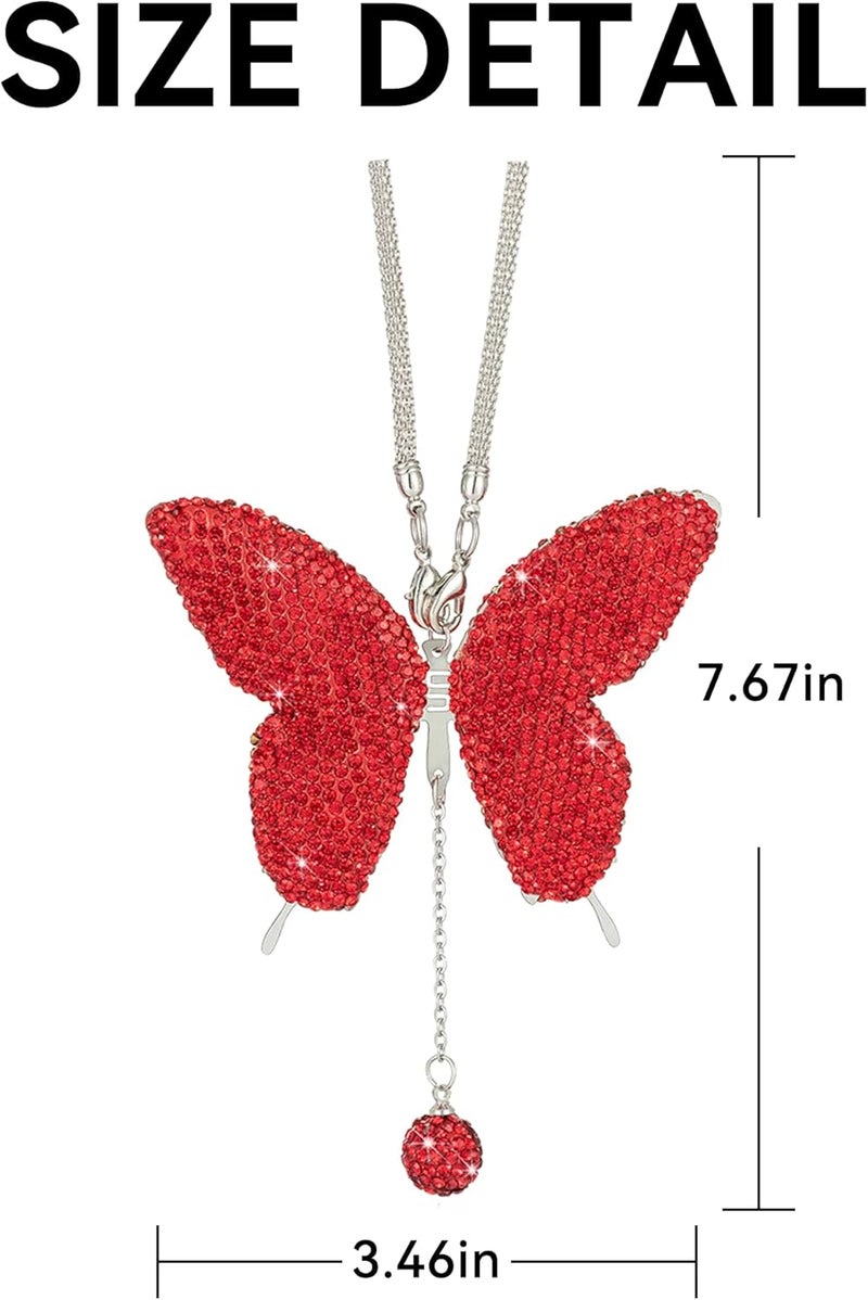 Couslcd Bling Butterfly Diamond Car Accessories, Crystal Car Rear View Mirror Charms for Women, Car Decoration Lucky Hanging Interior Crystal Ornament Pendant Decor for All Cars (Red) - Image 2